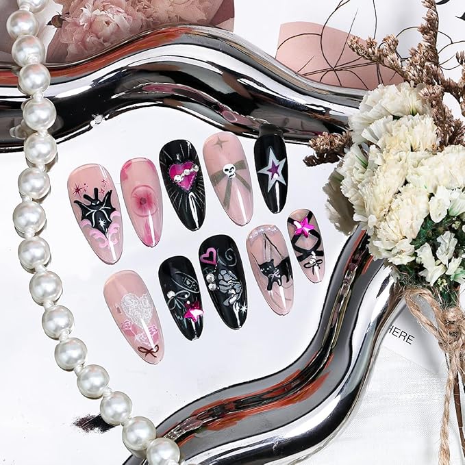 24Pcs Halloween Press on Nails Almond Medium Fake Nails Y2k Bat Cat Heart Star Rhinestone Design Gothic Acrylic Nails Black Pink Glue on Nails Bow False Nails Halloween Artificial Nails for Women