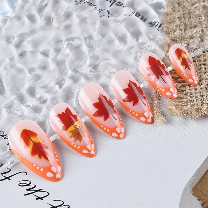Thanksgiving Medium Almond False Nails Fall Leaves Stick on Fingernails Red Maple Leaf Press on Nails 24Pcs Glossy Orange French Tips Acrylic Fake Nail Autumn Gel Glue on Nail for Coquette Women Girls
