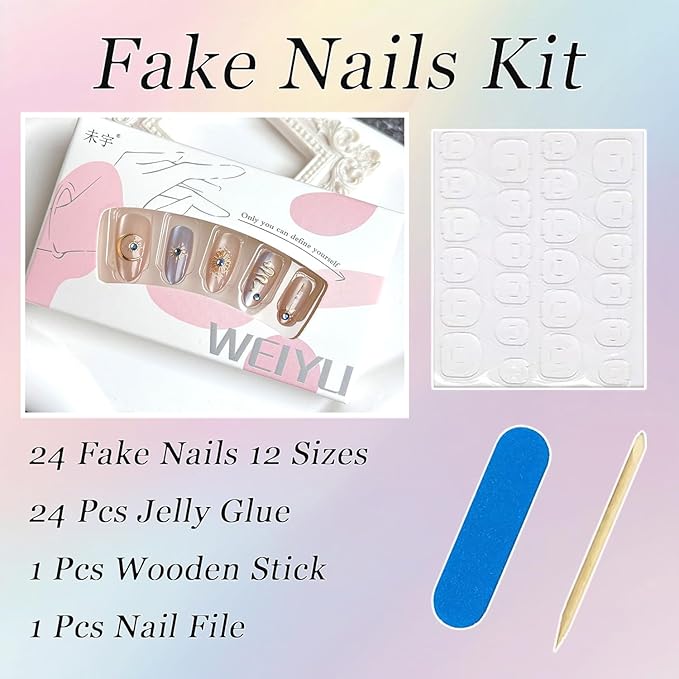 30Pcs Gold Star Press on Nails Medium Almond Fake Nails with 3D Blue Rhinestones Designs Glue on Nails Cute Moon Acrylic Nails Gold Snake French False Nails Bohemian Style Stick on Nails for Women