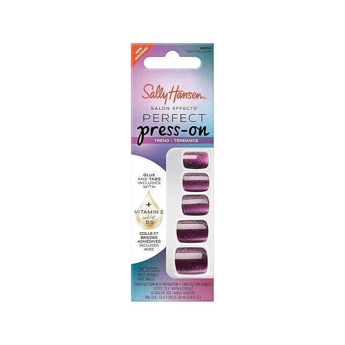 Sally Hansen Salon Effects Perfect Press-On Nails | Square Shape | Easy to Apply, Non-Damaging | 30 Nails, Nail Glue, Adhesive Tabs, File | Don't Be Jewel