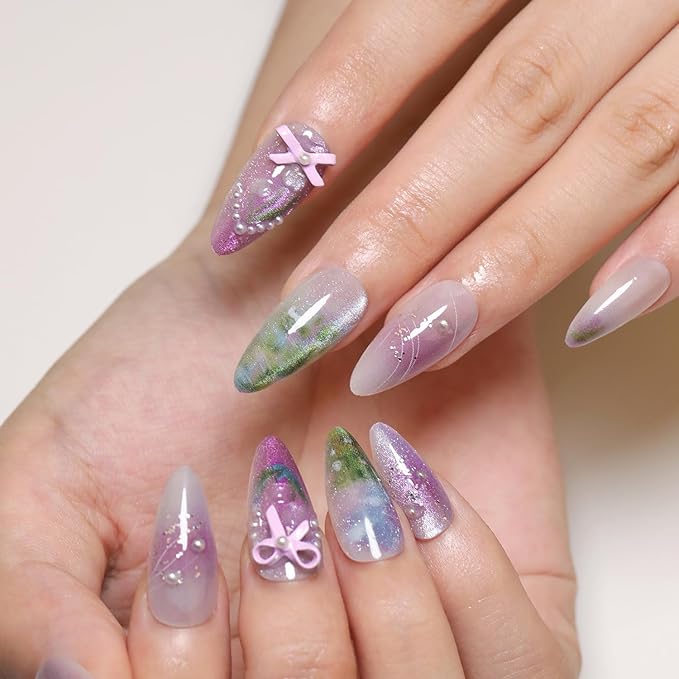 24Pcs Purple Press on Nails Medium Almond Fake Nails with 3D Bow Pearl Designs Glue on Nails Spring Summer Flower Acrylic Nails Cute Floral False Nails Full Cover Glitter Stick on Nails for Women