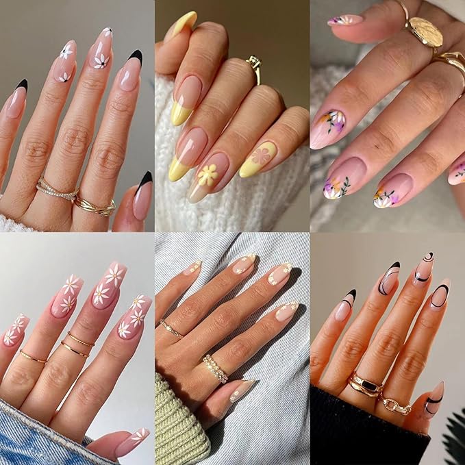 6 Packs (144 Pcs) Press on Nails Medium, Jsiallye Press on Nails Ballet with Daisy, Flower Press on Nails Almond, Glue on Nail in 12 Sizes - 24 Fake Nails Kit, Stick on Nails for Women