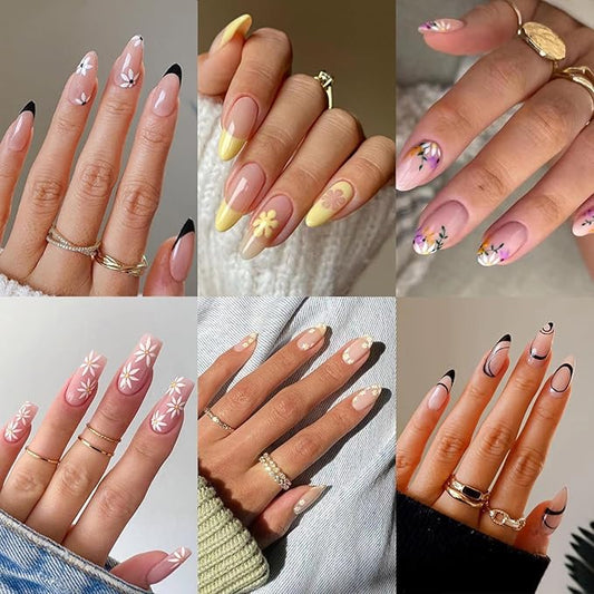 6 Packs (144 Pcs) Press on Nails Medium, Jsiallye Press on Nails Ballet with Daisy, Flower Press on Nails Almond, Glue on Nail in 12 Sizes - 24 Fake Nails Kit, Stick on Nails for Women