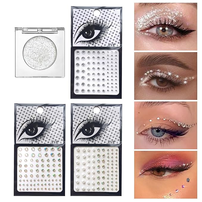 Silver Glitter Eyeshadow & 3Pcs Face Gems Stick on Set, Shimmer Cream Eye Shadow & Hair Jewels Face Rhinestones, Single Eyeshadow Palette & Body Gems Diamonds for Eye Makeup