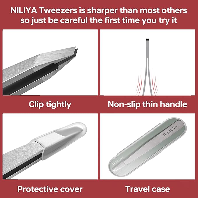 Tweezers for Women Facial Hair, Precision Slant Eyebrow Tweezers, Sharp Plucker for Remove Hair and Blackhead, With Travel Case (Silver)