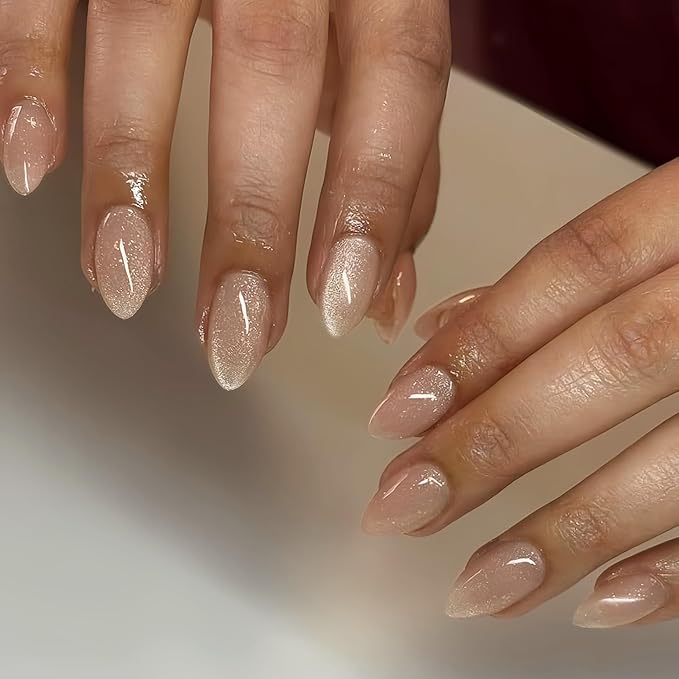 KQueenest Press On Nails Short - Light Nude Press On Nails Almond Shape, Natural Glitter Cat Eye Fake Nails with Nail Glue, Reusable Cute Bright Gel Glue On Nails with Color-Shifting Glow, 30 Pcs