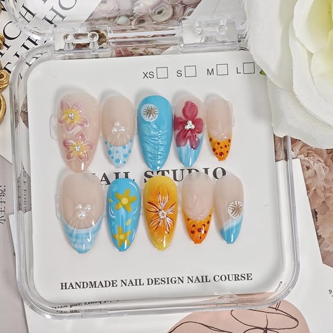 30Pcs Summer Beach Press on Nails Medium Almond Flower Fake Nails 3D Flowers Shell Rhinestones Designs Glitter Full Cover Stick on Nails French Tip False Nails for Women Girls Acrylic Manicure DIY