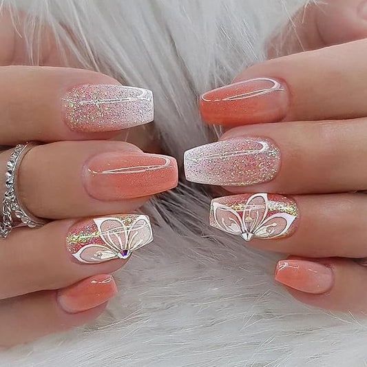 Pink Press on Nails Coffin Short Acrylic Nails Artificial False Nails with Glitter Butterfly Designs Full Cover Gradient Pink Fake Nails Short Ballerina Nails for Women