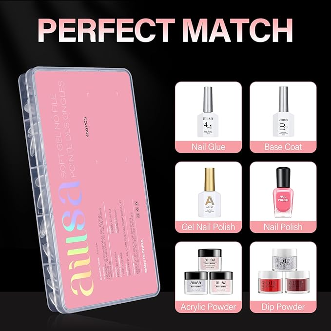 AILLSA Medium Almond Nail Tips - 450pcs Thickened False Nail Tips Half Matte Nails Tips, Fake Nails Nail Extension for Manicure