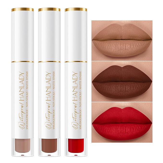Nude Brown Dark Red Lipstick 3Pc Long Lasting Lipsticks for Women Pigmented Smudgeproof Transferproof Vegan Cruelty Free Lip Color, A61/50/48