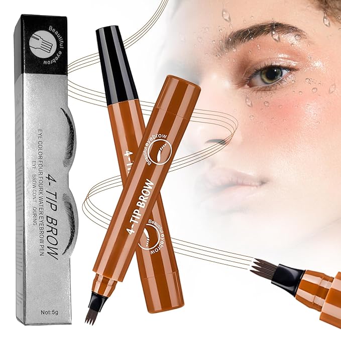 Microblading Eyebrow Pencil, 2025 Upgraded Waterproof Four-tip Beard and Eyebrow Pen, Long Lasting 3D Eye Brow Pencils for Women Natural Hair-Like Strokes (Light Brown)