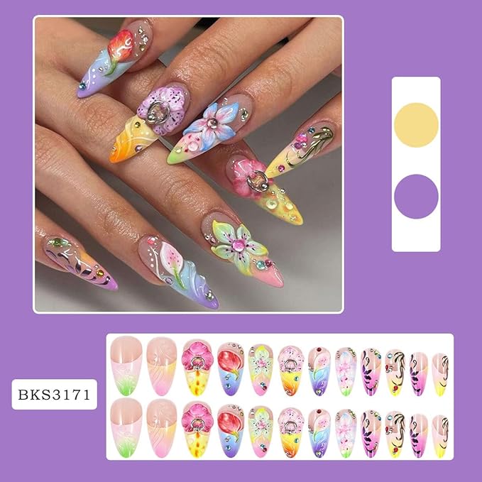 Colorful Flowers Rhinestone Press on Nails Long Almond Fake Nails with Designs 3D Gems Full Cover Artificial Nails French Tip Glue on Nails Spring Summer Acrylic Nails for Women Girls Manicure 24Pcs