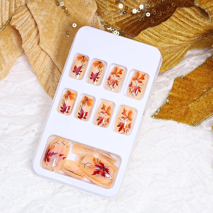 Fall Press on Nails Short Maple Leaf Fake Nails Glossy Full Cover Thanksgiving Glue on Nail Maple Leaves Acrylic Nails Autumn False Nail Square Stick on Nail for Women Holiday Manicure Tips 24Pcs