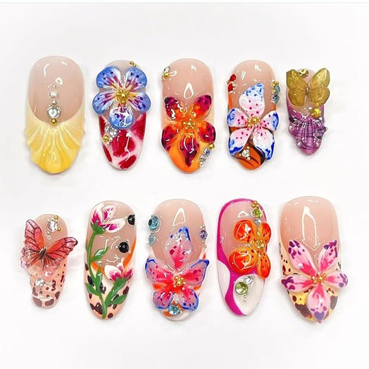 24Pcs Colorful Flower Press on Nails Medium Almond Fake Nails with 3D Handmade Flower Rhinestones Designs Spring Summer Hawaii False Nails Artificial French Tip Glue on Nails for Women Daily Wear