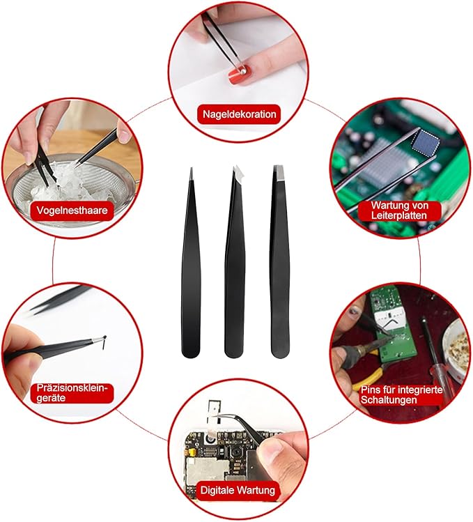 Professional Tweezers Set with Leather Case for Eyebrows, 3 Piece Black Precision Tweezers, Burgundy Storage Pouch