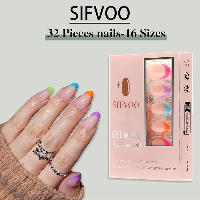 French Tip Press on Nails, Short Press on Nails Almond Reusable Glossy Soft Gel False Nails Press ons for Women, 16 Sizes 32 Count Nails Kit with Glue (SV-01)