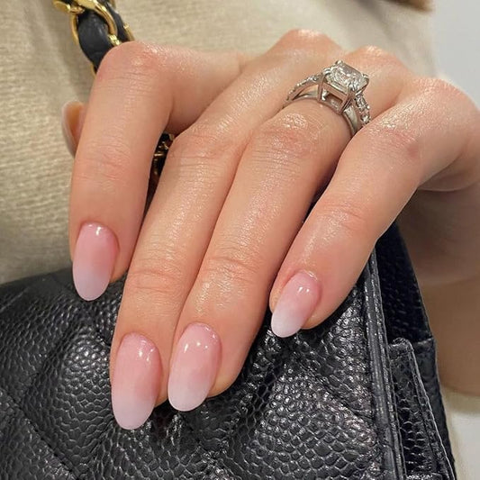 Gradient Pink Press on Nails Short Almond Fake Nails Press ons, Thick Glue on Nails Short False Nails, Medium Almond Nails Oval Round Shaped Nails for Women, 24Pcs Natural Acrylic Gel Nails