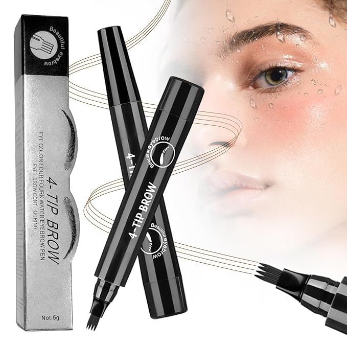 Microblading Eyebrow Pencil, 2025 Upgraded Waterproof Four-tip Beard and Eyebrow Pen, Long Lasting 3D Eye Brow Pencils for Women Natural Hair-Like Strokes (Black)