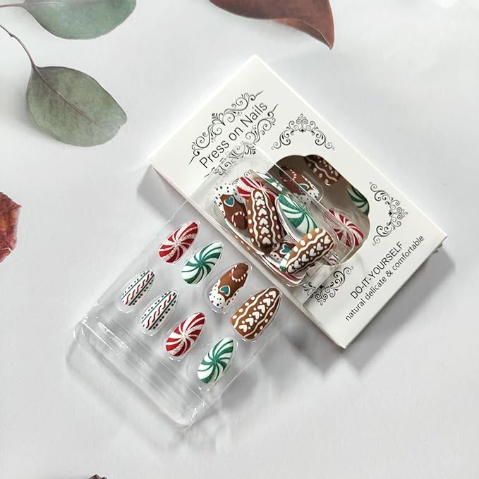 30Pcs Christmas Press on Nails Short Almond Fake Nails with Heart Candy Designs Red Green Spiral Patterns False Nail Full Cover Artificial Glue on Nails Colorful Stick on Nail for Women