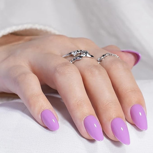 Press on Nails, Short Purple Press on Nails Almond Reusable Glossy Purple Nails Soft Gel False Nails Press ons for Women, 16 Sizes 32 Count Nails Kit with Glue (SV-13)