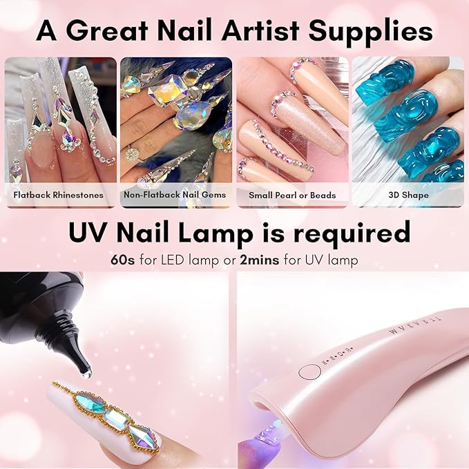 Makartt Nail Rhinestone Glue, Super Strong Gel Nail Glue for Rhinestones, 3D Art Design Charms and Gems, for Jewel Crystal Beads Gems Diamonds, UV/LED Need, Easy Use, 15ML