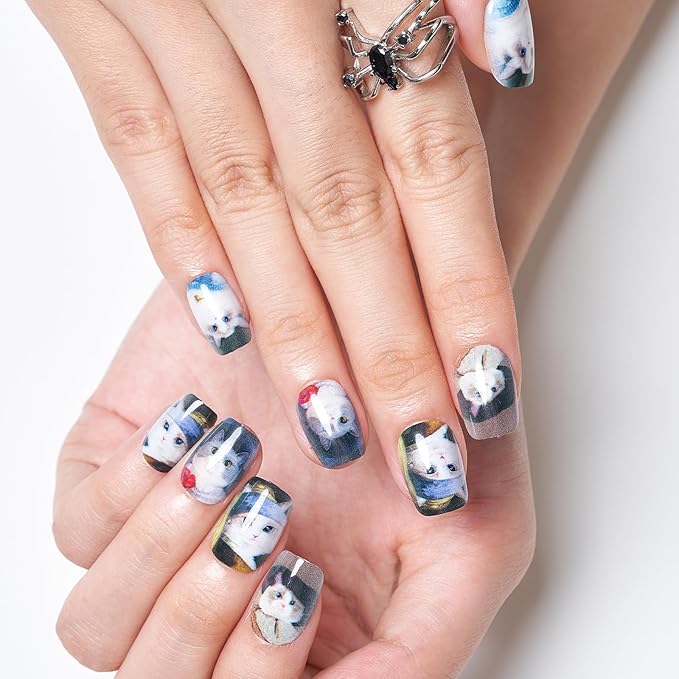 GLAMERMAID Press on Nails Extra Short Square, Winter Forest Foliage Cats Glue on Nails, Glossy Fake Nail Reusable Acrylic False Nails Manicure Kits for Women