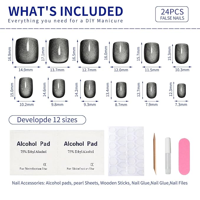 Short Square Press On Nails White to Grey Gradient Cat Eye Press on Nails with Glue for Women Ashionable Gel False Nails Reusable Acrylic False Nails Glue On Nails Kit, water gloss white