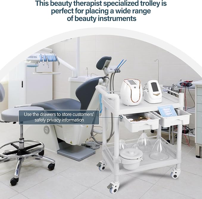 2 Tier Esthetician Cart, Rolling Utility Cart with Bucket & 2 Big Drawers, Heavy Duty Salon Trolley with 360 Rotate Silent Wheels, Load 330lbs Mobile Medical for Salon Hospital Office Lab