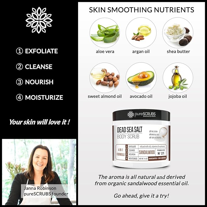 pureSCRUBS Premium Sandalwood Body Scrub Set - Large 16oz Dead Sea Salt Body Scrub With Infused Essential Oils & Nutrients, Includes Wooden Spoon, Loofah & Oatmeal Exfoliating Bar Soap