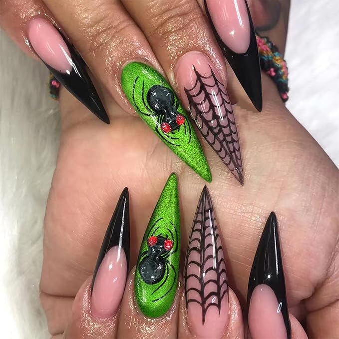 IMRAIN Handmade 3D Spider Press on Nails Long Stiletto Acrylic Fake Nails Halloween Black Green Glitter False Nails Goth Glossy Artificial Glue on Nails