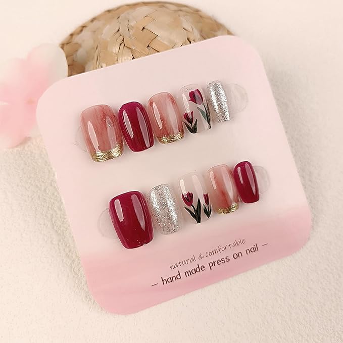 24Pcs Red Tulip Press on Nails 3D Gold Curve Line French Tips Stick on Nails Short Square Acrylic False Nails Glossy Silver Glitter Fake Nails Spring Flower Gel Glue on Nails for Coquette Women Girls