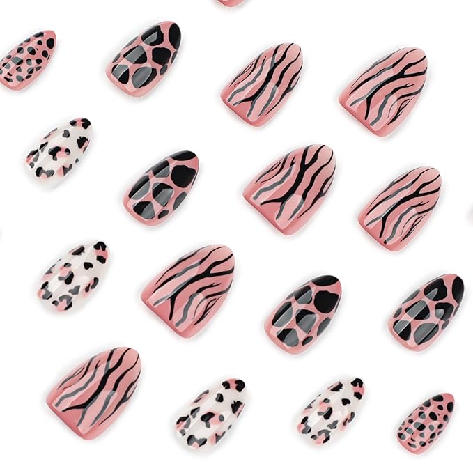 Nude Brown Almond Press On Nails Short, Edgy Fake Nails with Leopard and Zebra Detail, Glossy Gel Finish Acrylic Nails, Reusable Glue On Nail Kit for Women, Trendy Mixed Animal Design False Nail