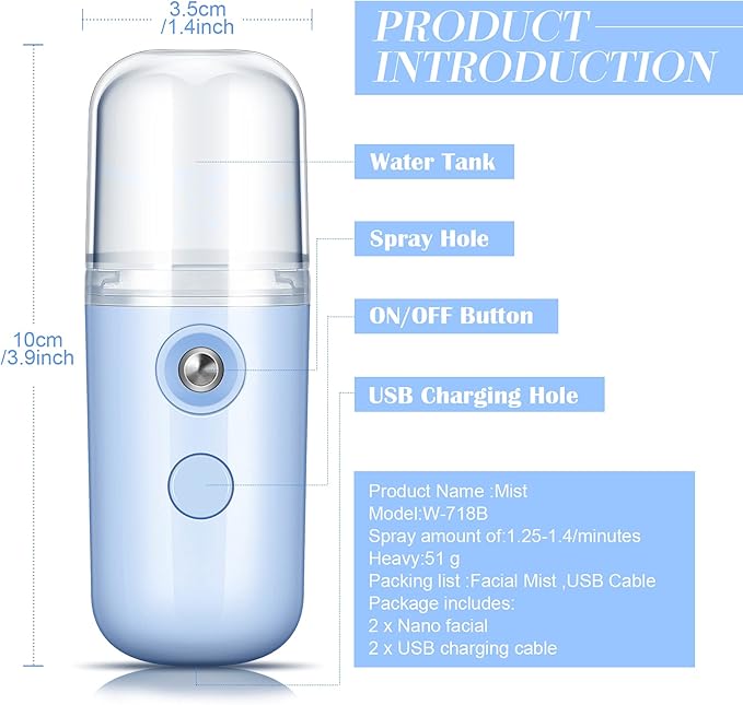 Honoson 2 Nano Facial Mister Sprayer Portable Face Nano Mister for Eyelash Extensions USB Rechargeable 1 oz Handy Skin Care Machine for Face Hydrating, Daily Makeup(Black and Blue)