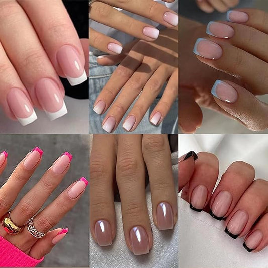 6 Packs 144Pcs French Tip Press on Nails Short, Jsiallye Short Square Fake Nails Glue on Nails Kits with Adhesive Tabs Nail File for Women Press on Nails