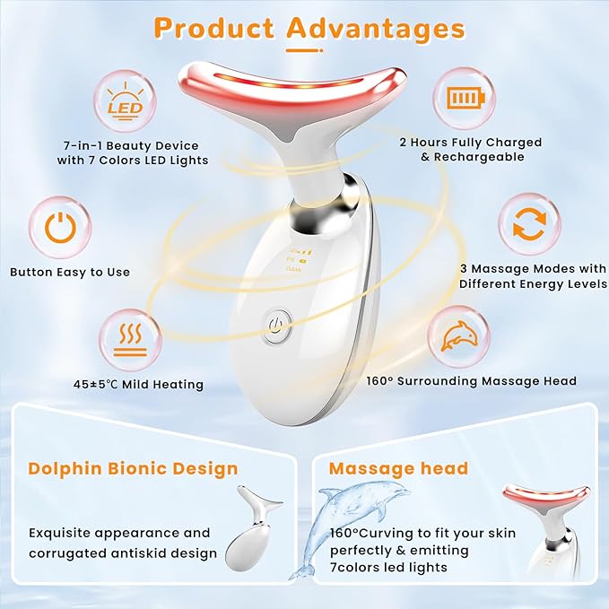 Facial Beauty Device, Face Massager Tool for Skin Care, Based on Triple Action LED, Thermal, and Vibration, Red and Blue LED Light, 7 Color Led Face and Neck Massager for Home Use (Glossy White)