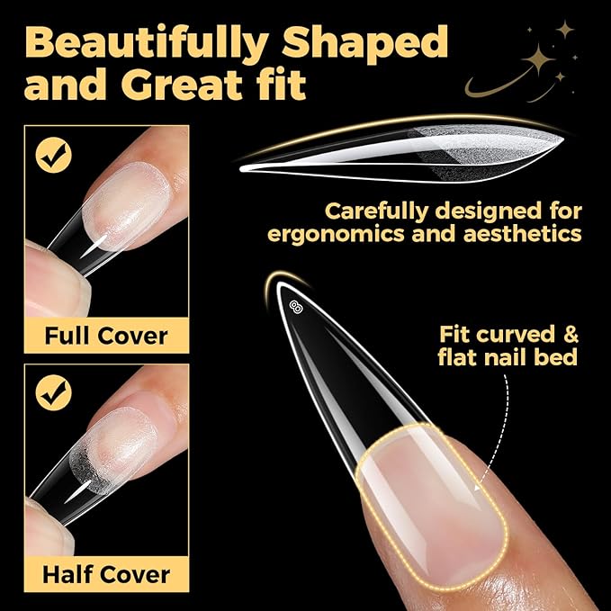 UNA GELLA Long Stiletto Gel Nail Tips, 600Pcs Pre Etched Long Stiletto Almond Nail Tips Clear Fake Nails Press on Nails No C Curve for DIY Christmas Art Salon at Home 12 Sizes