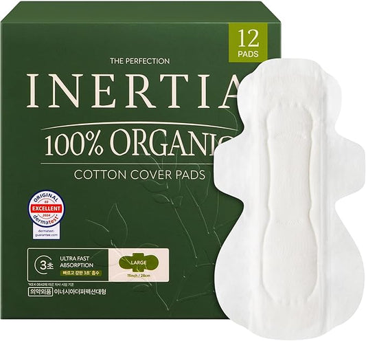 INERTIA 100% Organic Cotton Pads - The Perfection - Heavy Absorbency (12 Counts), Ultra Fast Absorption
