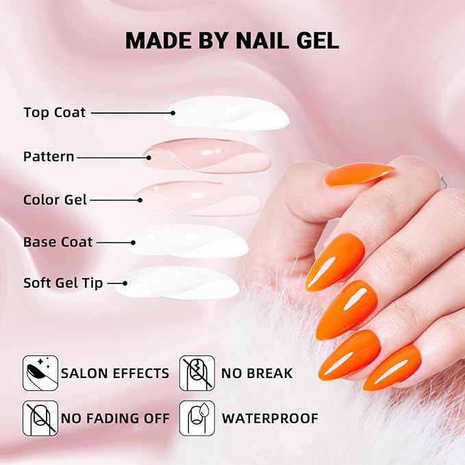 Wooyas Jelly Orange Press on Nails Almond, Hot Orange Medium Glossy Handmade Gel Fake Nails, Neon Reusable Salon Perfect Glue on Nails in 12 Sizes - 24 Pcs Soft Gel Glue On Nails Kit for Women Girls