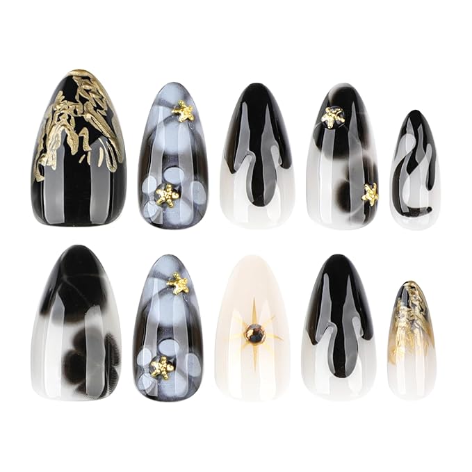 Medium Length Almond Press On Nails, 3D Gold French Tip & Stars Design, Coffin Shape Full Cover False Nails, Reusable Acrylic Glue On Nails for Women, DIY Manicure Kit