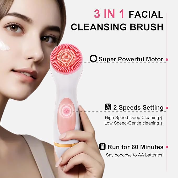 Facial Cleansing Brush, Waterproof Dual-Rotation Face Scrubber Exfoliator with 3 Brush Heads and 2 Adjustable Speeds, Rechargeable Exfoliating Face Brushes for Cleansing and Skin Care (Pink)