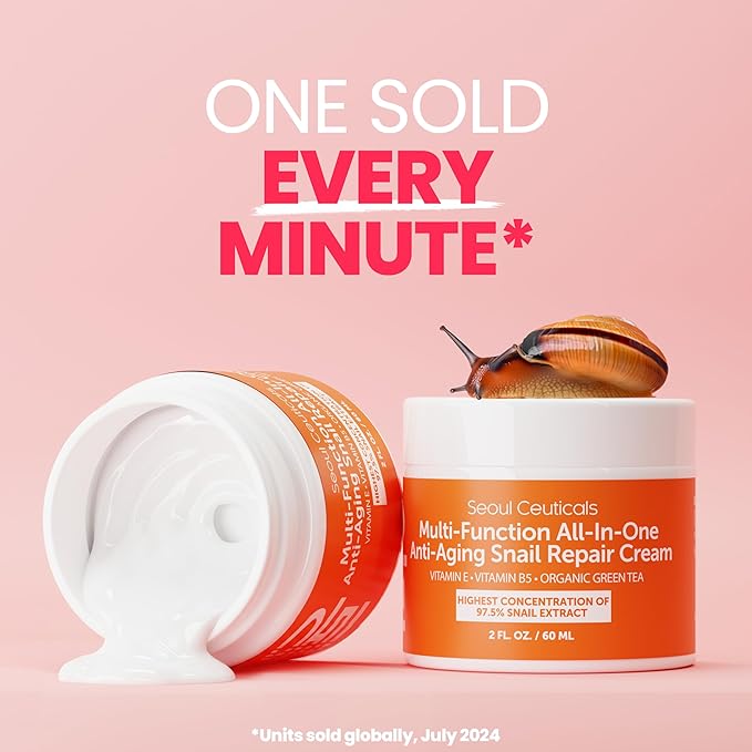 SeoulCeuticals Snail Mucin Moisturizer 97.5% - Korean Skin Care Snail Repair Cream - Day & Night Anti Aging K Beauty Skincare Cruelty Free 2oz