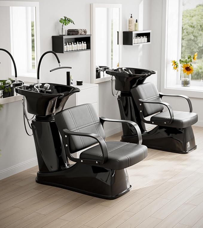 SyyBhb Shampoo Chair and Bowl for Salon, Head Spa Waterfall and Sprayer, Tilting ABS Bowl, Distance Adjustable Seat, Barbershop Spa Equipment