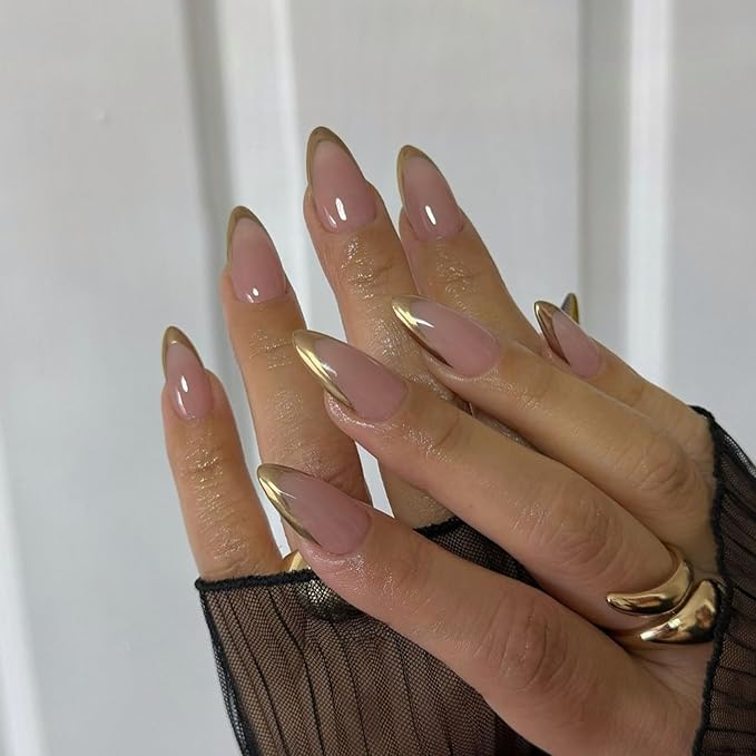 Gold French Tip Press On Nails Short Almond, Medium Fake Nails French Nails Press ons Acrylic Nails Glue on Nails Medium, Natural Short Almond Nails False Nails for Women in 12 Sizes 24 Pcs