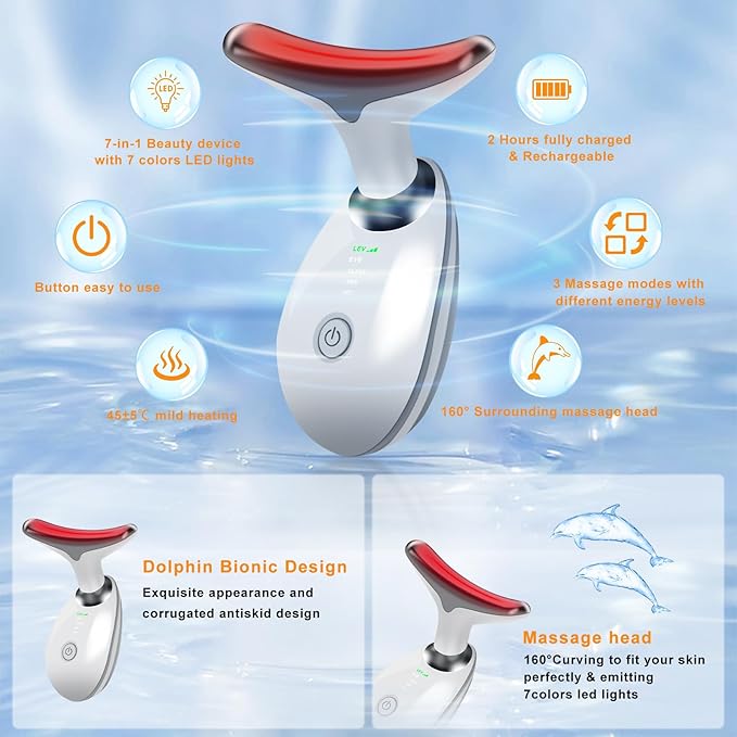 Face Neck Massager for Skin Tightening, 7 Color Portable Face Massager Tool for Skin Care, Based on Triple Action LED, Thermal, and Vibration Technologies, Improve and Smooth