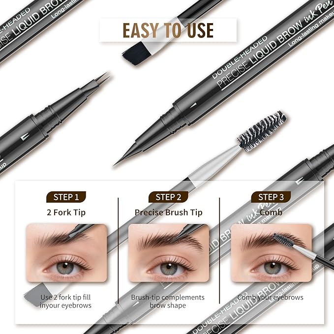 Eyebrow Pencil, Eyebrow Pen with Double-Brush Tip 2-in-1 Eyeliner Dual-Ended Microblading Long Lasting Waterproof Hair-Like Brow Pencil with Eyebrow Brush (Black brown)