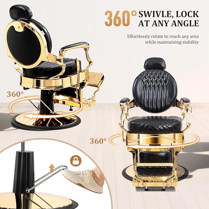 OmySalon Retro Barber Chair Heavy Duty, Aluminum Alloy Frame, Adjustable Headrest, Extra Wide Footrest, Hydraulic Salon Chair for Hair Stylist Reclining All Purpose for Beauty Spa Shampoo, Black Gold