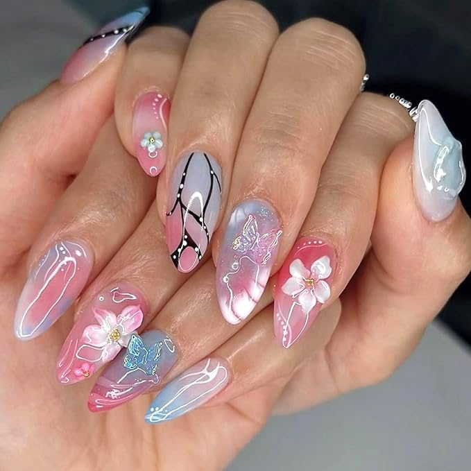 24Pcs Medium Almond Press on Nails Summer Fake Nails with 3D Flower Butterfly Designs False Nail Tips Glossy Pink Blue Glue on Nails Handmade Full Cover Acrylic Stick on Nail for Women