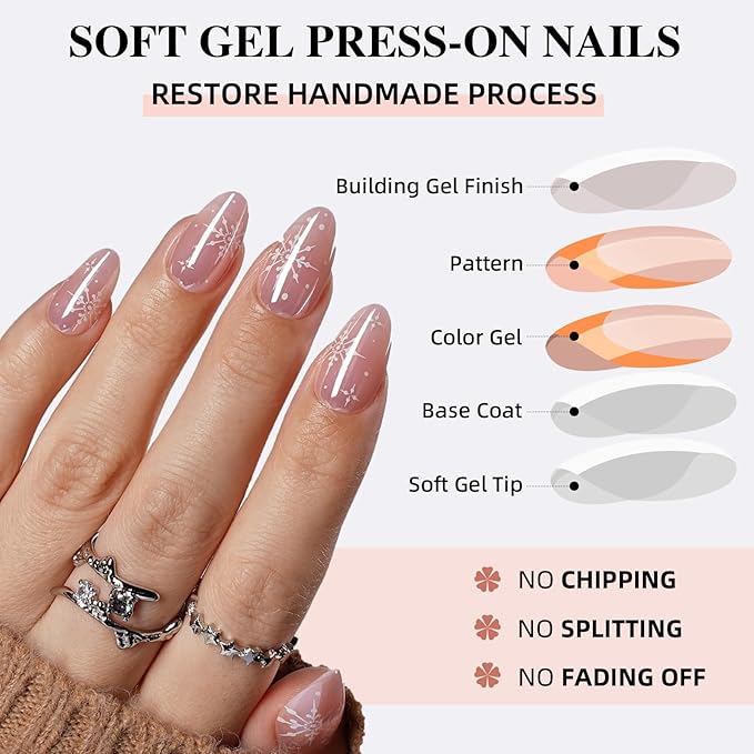 Pink Press on Nails, Short Press on Nails Almond Reusable Glossy Snowflake Nails Soft Gel False Nails Press ons for Women, 16 Sizes 32 Count Nails Kit with Glue (SV-15)