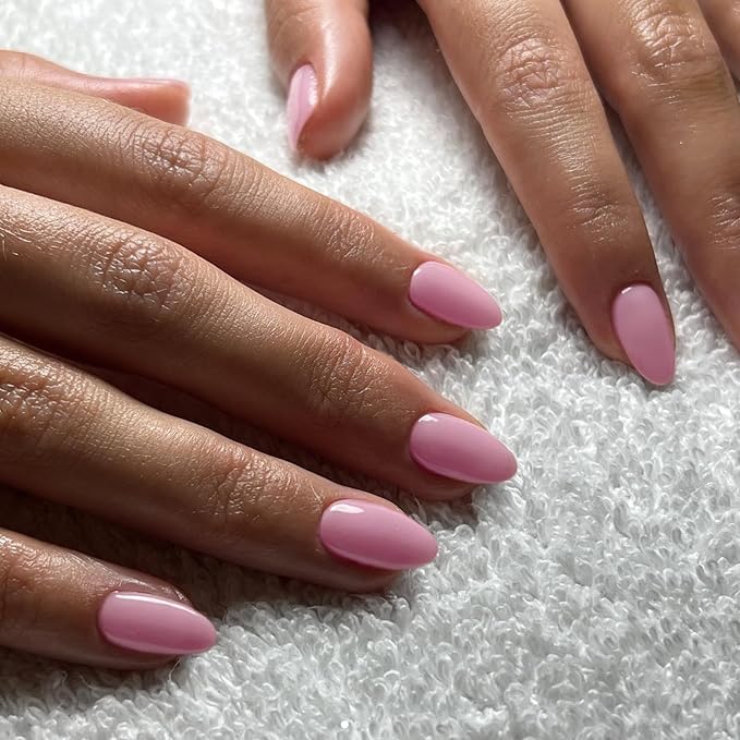 Pink Press on Nails Short Almond Fake Nails Press ons, Thick Solid Color Glue on Nails Short False Nails, Medium Almond Nail Oval Round Shaped for Women, 24Pcs Natural Acrylic Gel Nail