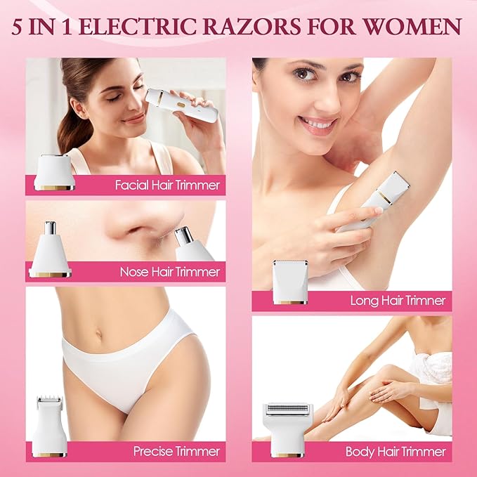 Bikini Trimmer for Women - 5 in 1 Painless Electric Razors for Ladies Pubic Facial Nose Body Leg Hair Removal, Waterproof Electric Shaver for Women Private Area Sensitive Skin,Personal Hair Trimmer